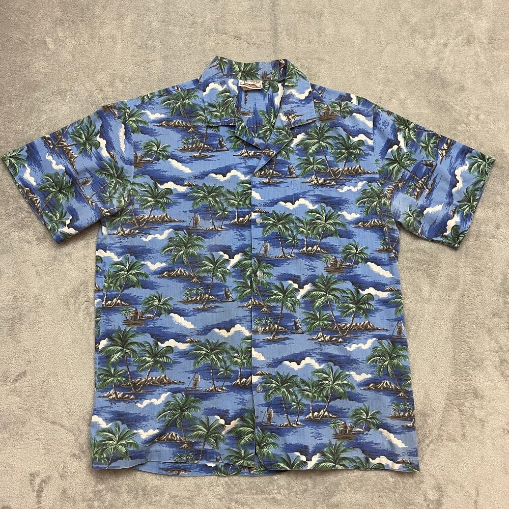 Vintage Hawaiian Shirt Mens L Evergreen Island Blue Palm Tree USA Made
